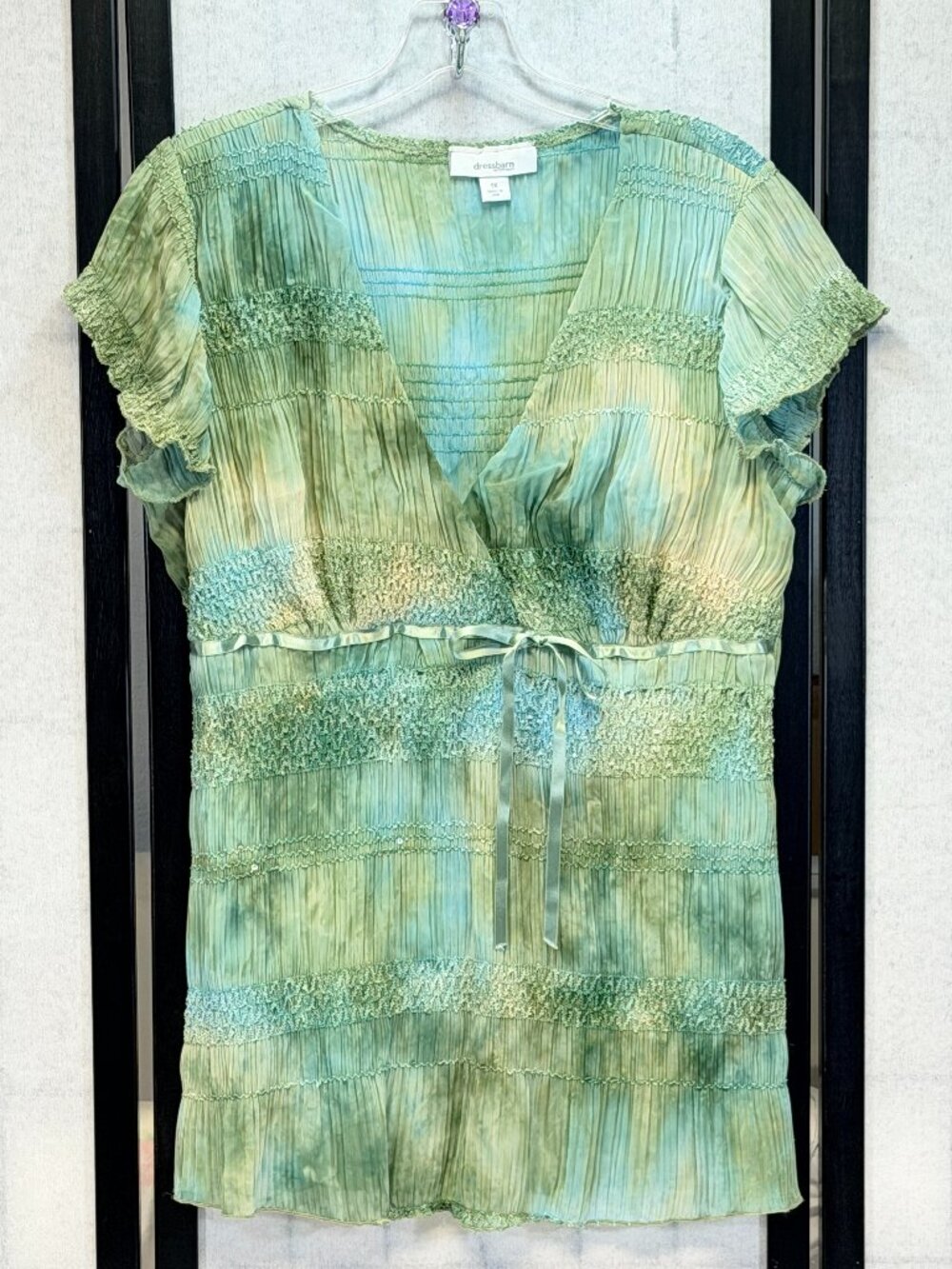 Dressbarn Blue Green Crinkle Knit Smocked Babydoll Top 1X Flutter Sleeve Boho